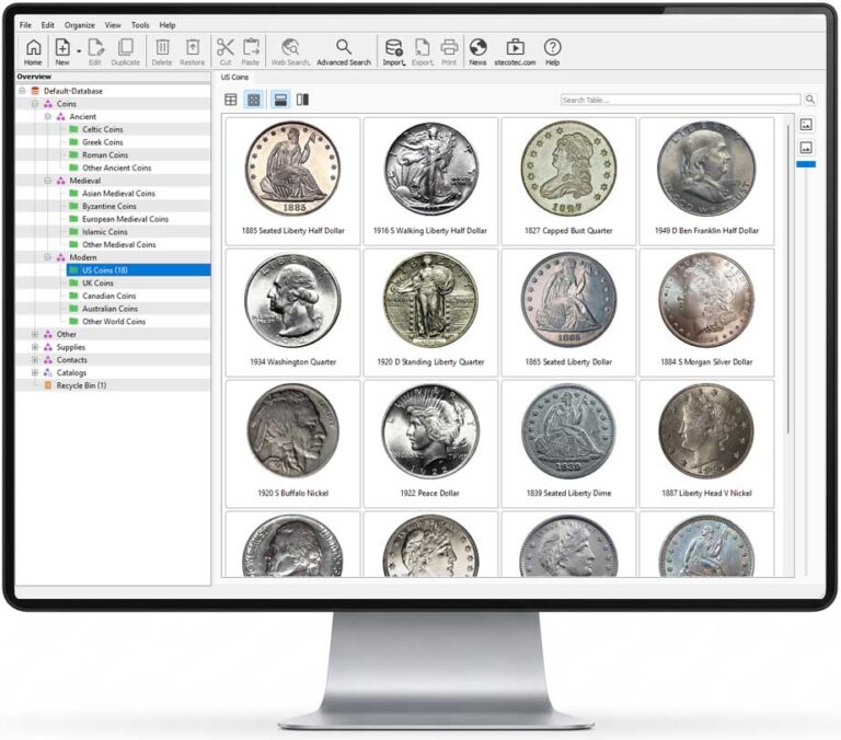 Stecotec Coin Collector Pro 3 coin inventory software showing a collection overview with coin images and values