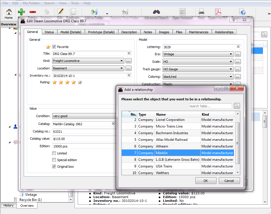 Model train edit dialog in the software with various data fields