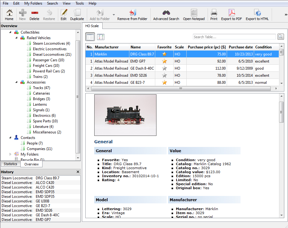 Table view of the model railway inventory software displaying unlimited photos of locomotives and rolling stock