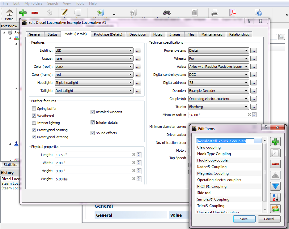 Detail view of the model railroad inventory software with over 130 input fields for technical data of a locomotive