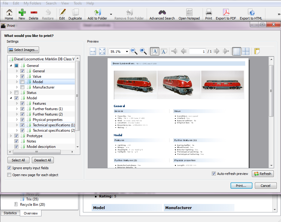 PDF report of a model train collection created with the model train database software for insurance and sales documentation