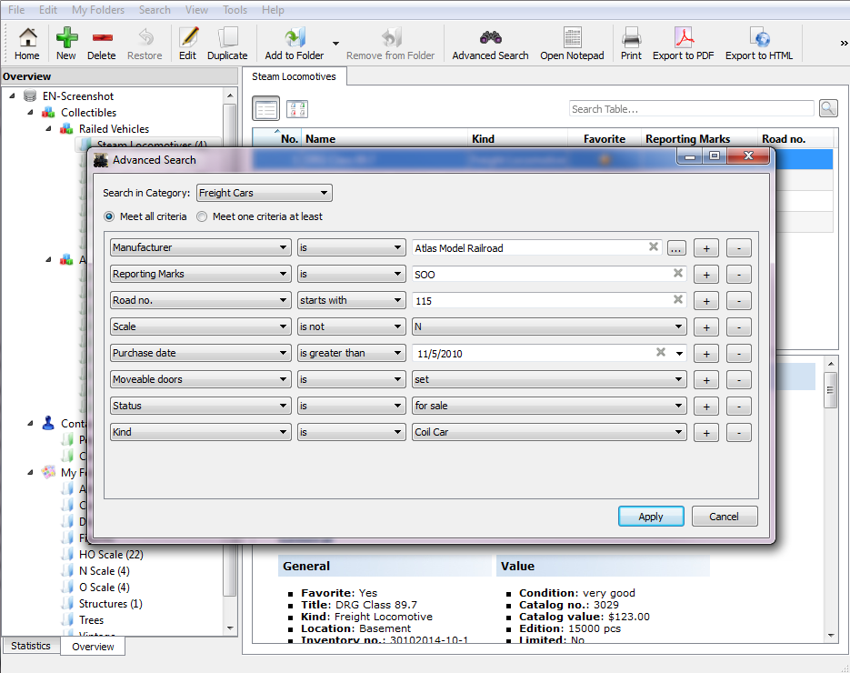 View of the advanced search dialog