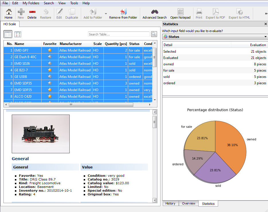 Automatic charts in the model train software showing collection costs, current value, and appreciation over time