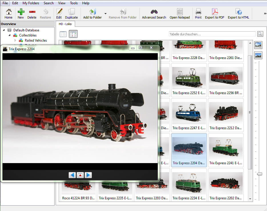 Main window of Stecotec Model Railroad Collector Pro model train inventory software showing a cataloged locomotive collection on Windows