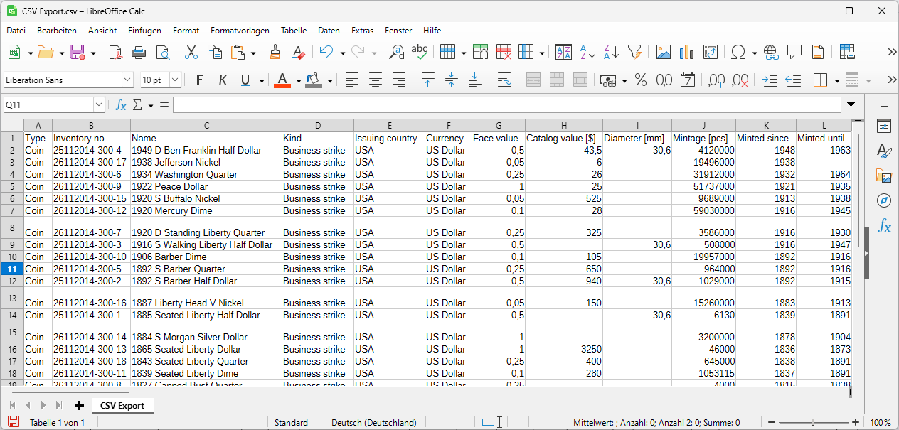 screenshot of an coin inventory spreadsheet
